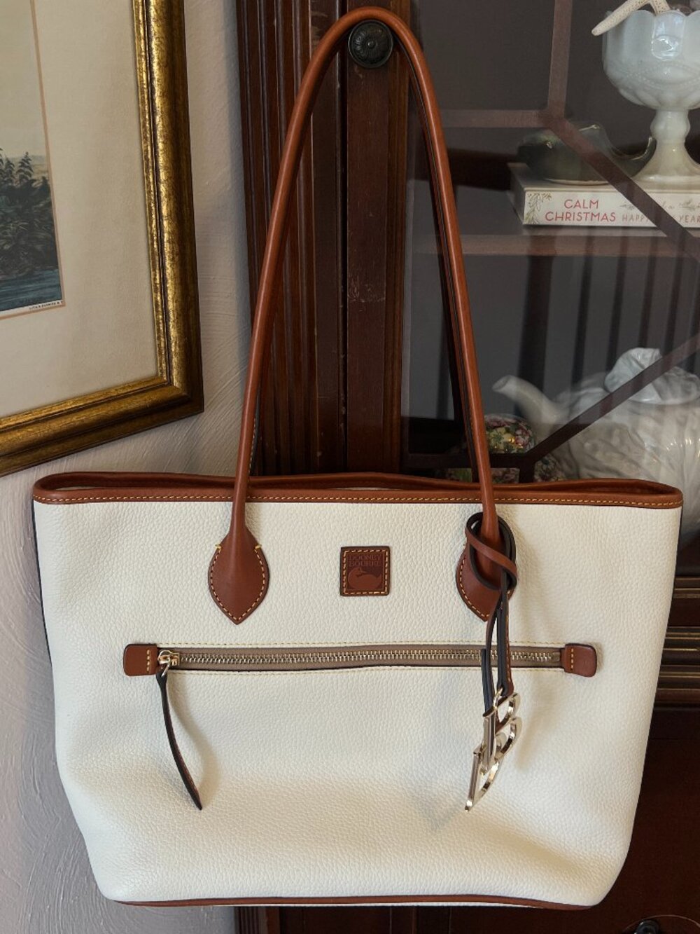 Dooney & Bourke White Pebble Grain Leather Tote Cognac Trim